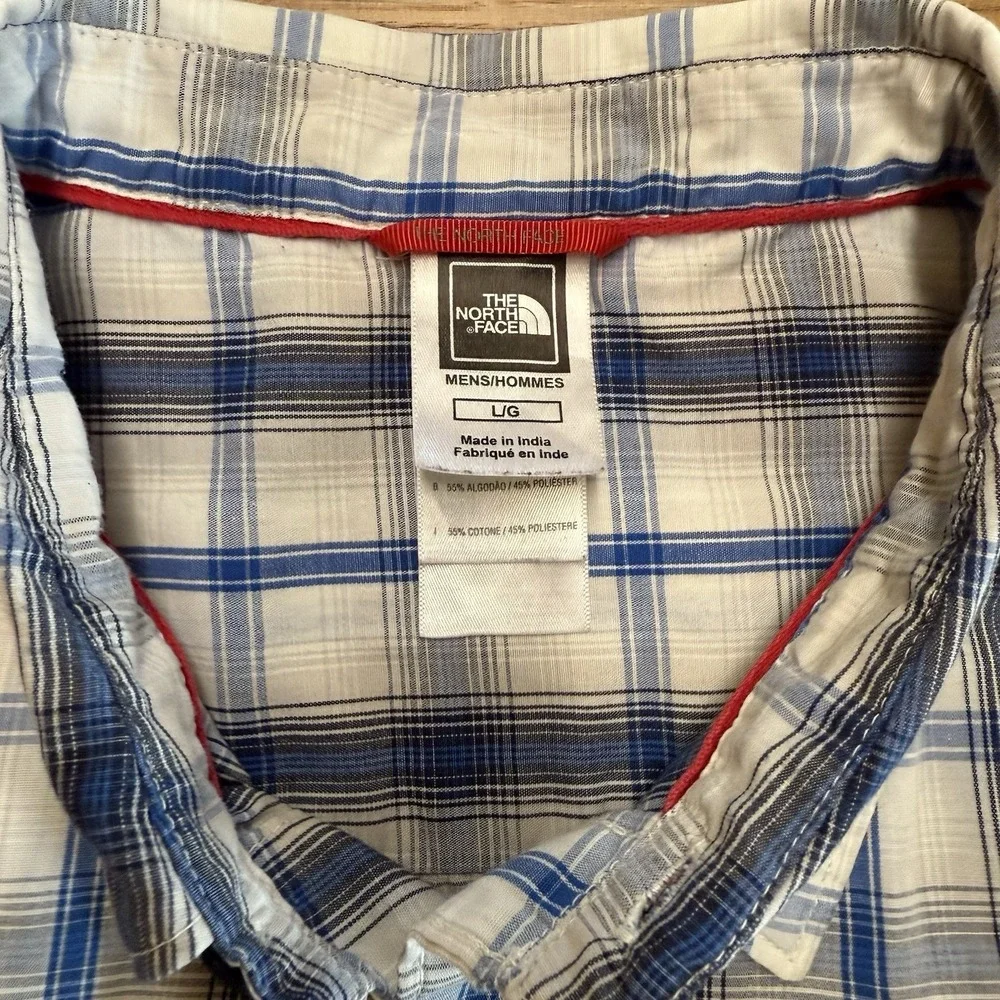 The North Face Mens Large Button Up Blue White Plaid SS Outdoor Casual READ‎